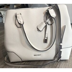 Nine West Tote Bag Off White Faux Leather Lock Charm Shoulder Bag